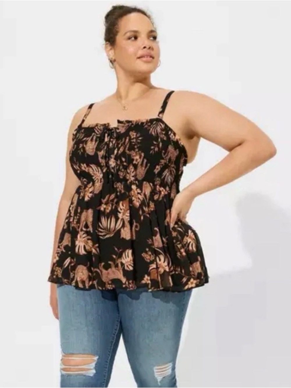 Torrid Babydoll Chiffon Smoked Cami Roaming Leopards Deep Black Size 2